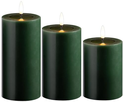 3er Set Led Kerzen flackernde Flamme mit Echtwachspiegel grün 7,5cm ø 1x 15 cm, 1x12,5 cm, 1x10 cm Höhe, LED Kerzen mit Timerfunktion, 2 AA Batterien nötig, LED Echtwachs Stumpenkerzen warmweiß