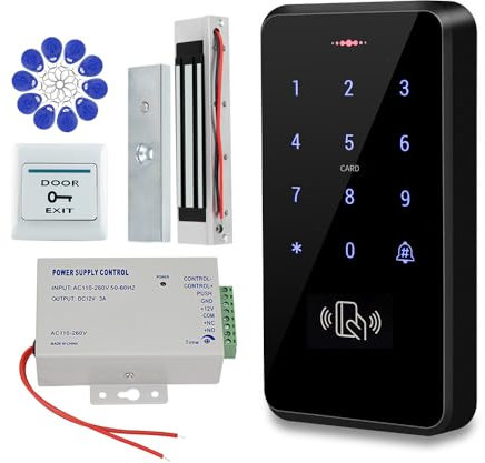 ReaIOKbii IP68 - Kit de sistema de control de acceso para puerta exterior impermeable, teclado RFID, cerradura magnética de 180 kg, fuente de alimentación, 10 llaveros