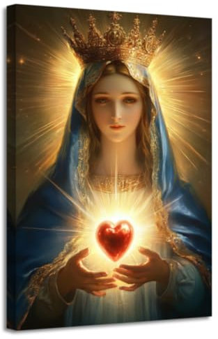 LZIMU Bild der Jungfrau Maria Wandkunst katholische Wanddekoration religiöses Gemälde Madonna Maria mit Krone Leinwanddruck Kirchenwanddekoration Gerahmt (Braun, (30.00 x 45.00 cms))