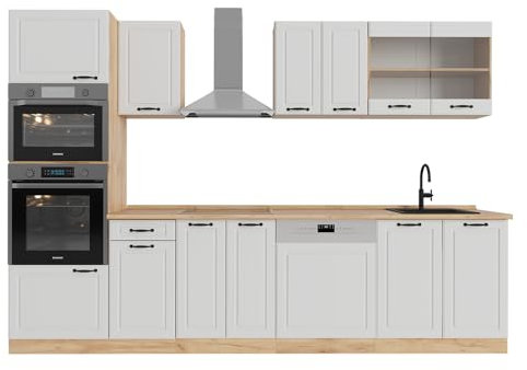 Vicco Cucina componibile R-Line, Casa di campagna bianca/quercia dorata, 300 cm con armadio alto, senza piano di lavoro