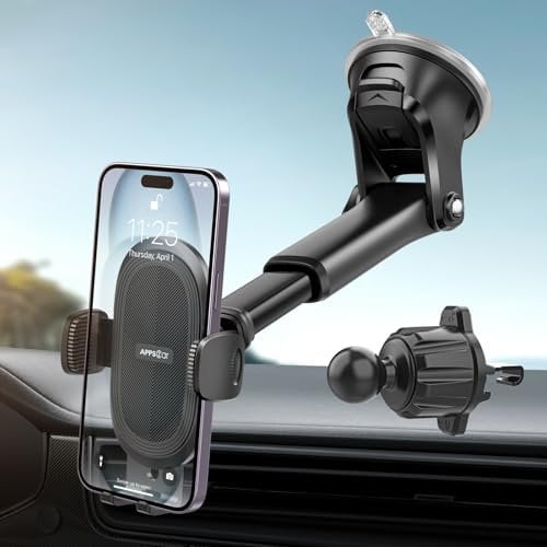 APPS2Car Support de téléphone de voiture, support universel à 360° pour tableau de bord et pare-brise, compatible avec iPhone 12/11/Pro, Samsung S21 et plus de 4,7 à 6,8 (ventouse + crochet