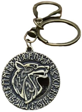 KREATIONS Porte-clés Viking Fenrir Wolf Marteau de Thor Trinité Symbole Runes, Style 1 Bronze/Noir, S