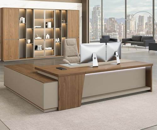 79 L-Shaped Executive Desk with Drawers, Modern Large Office Desk with Power Outlets, LED Lighting, Privacy Panel & Storage Shelves, Workstation for Home or Business (Champagne & Beige, Right Return)