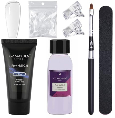 GZMAYUEN Poly Nagel Set, 30ml Poly Nail Gel Transparent Acrylgel für Nägel mit Nagelbürste und Nägel Tipps, Nagelverlängerung Gel für Anfänger