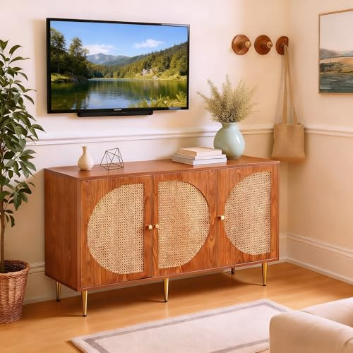 FURNISH 1 Anrichte aus Walnuss für TV-Ecke, Multimedia-Aufbewahrung, mit 3 Türen mit Rattan-Dekor und Griffen aus Metall, Möbel aus Holz für Wohnzimmer, ideal zum Aufbewahren von Fernbedienungen und