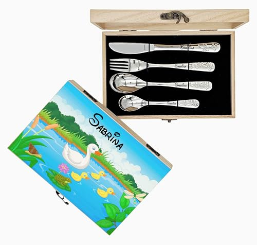 Kinderbesteck Enten mit Name, dunkle oder helle Gravur wählbar | Namensanhänger, Schulranzen, zusätzliche Rückseitengravur, Geburtsdatum, Besteckset