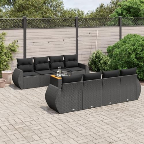 QJBSAVVA 9-TLG. Polyrattan-Gartensofa Set Schwarz, 69 cm hoch, modulare Lounge mit Akazienholztisch 55×55×37 cm, waschbare Kissen