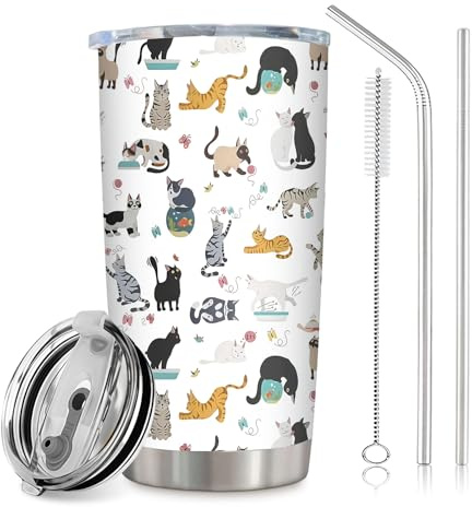 Katze Thermobecher, 20oz Katzentasse Aus Edelstahl, Praktische Tasse Katze Mit Deckel & Saftrohr, Premium Geschenke Für Katzenliebhaber, 600ml