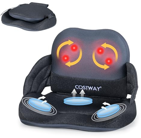 COSTWAY Coussin de Massage Lombaire Chauffant, Masseur de Siège de Support Shiatsu Pliable pour Lombaire et Hanches avec Pétrissage, Compression d’Air à 3 Niveaux Vibration Télécommande