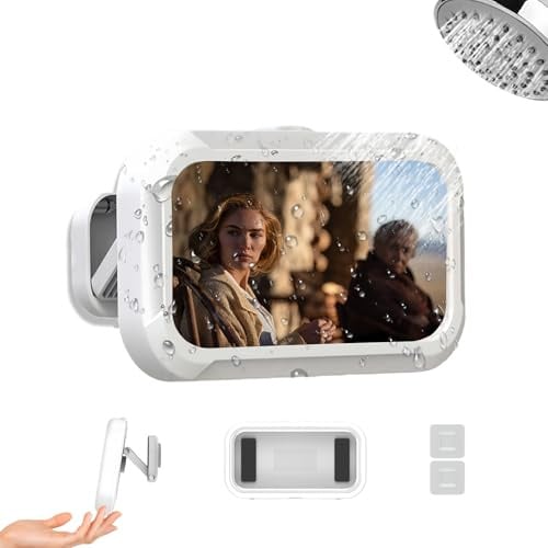 Briocht Waterproof Bathroom Phone Holder – 360° Rotatable Wall Mount, Anti-Fog Clear Touch Screen, Adjustable Shower Caddy Compatible with 4-7 Inch Phones for Bathroom, Bathtub and Kitchen