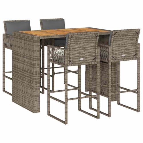 Mhdvray 5-TLG. Gartenbar-Set Grau Poly Rattan Bartisch 145x80 cm mit 4 Barhockern und Kissen Modernes Design Robust und Langlebig für Balkon Terrasse und Outdoor Küche