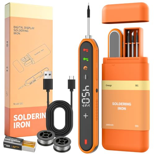Rechargeable Cordless Soldering Iron Kit, 1600mAh Wireless Soldering Pen 8s Rapid Heating, 180-450°C Adjustable, 3 Interchangeable Tips, Solder Paste Solder Wire Rolls for DIY Circuit Repair Orange