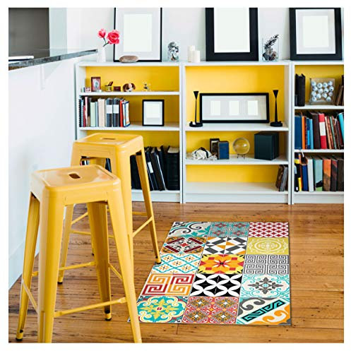 Tapis Vinyle pour le sol en PVC - Antidérapant - Protection pour le Sol - Inspiration Carreaux de Ciment - Lavable à la main - Epaisseur 2,2 mm - 60 cm x 100 cm - Tapis de sol Multicolore