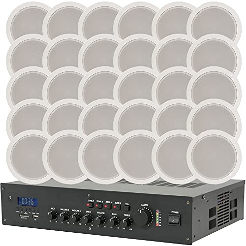 100V line Shop/Restaurant Wireless Background Music System Kit - 240W Bluetooth 4 Zone Mixer Amp, 30x Ceiling Speakers - Loops