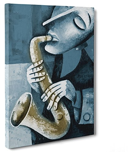 ConKrea Bild auf Leinwand – gerahmt – fertig zum Aufhängen – Musik Jazz Sax – Illustration Zeichnung Zeichnung Öl-Effekt Gemälde – 50 x 70 cm – ohne Rahmen – (Cod.1167)
