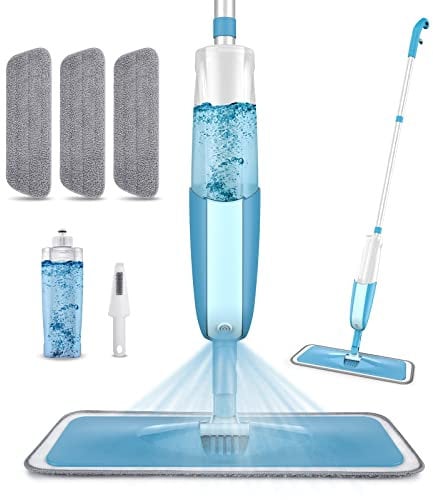 PAPCLEAN Microfibre Spray Mop with 3 Reusable Pads and Refillable Bottle, 360 Degree Spin Mop for Hardwood, Marble, Tile, Laminate, or Ceramic Floors - Cyan Blue