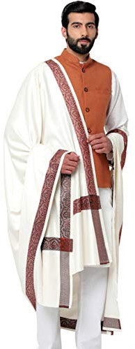 Weavers Villa Lohi Meditationsschal für Herren, gewebte Bordüre, Wolle, weiß, L