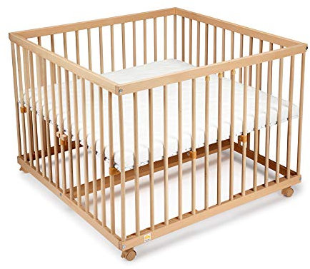 FabiMax Baby Laufgitter 100x100 Natur, stufenlos höhenverstellbar, mit Schlupfsprossen, Laufstall aus massivem Buchenholz (Matratze Classic)