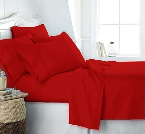 6-teiliges Hotel-Bettwäsche-Set, luxuriös, weich, 100 % Baumwolle, 45,7 cm – 53,3 cm tiefes Spannbetttuch, knitterfrei, Fadenzahl 800 (Cal King, Rot)