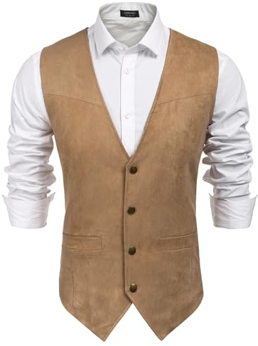COOFANDY Men's Suede Leather Suit Vest Casual Western Vest Jacket Slim Fit Cowboy Waistcoat (Medium, Light Khaki.)