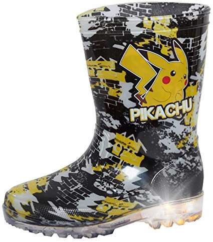 Pokémon Pikachu Light Up Wellington Stivali per bambini ragazzi pioggia neve scarpe stivali Wellingtons, Nero (Nero ), 23 EU