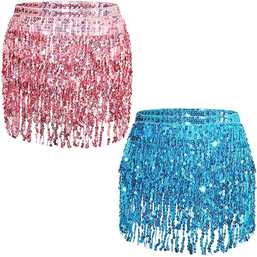 Pailletten-Fransenröcke, Bauchtanz-Rock, Festival, Quasten-Rock, Hüftschal, Wickel-Outfit, Kostüme für Frauen und Mädchen, Pink, Lake Blue, Einheitsgröße