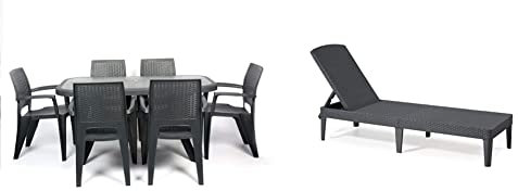 CREVICOSTA QUALITY MARK MARCAS DE CALIDAD Conjunto Luxe 6 Sillas Caribe Y 1 Mesa Caribe Antracita + Keter Jaipur Tumbona Plegable De Jardín Exterior, Grafito, 58 X 187 X 29 Cm