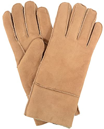 SNUGRUGS Damen Handschuhe aus 100 % echtem Schaffell, hellbraun, Small (6.5)