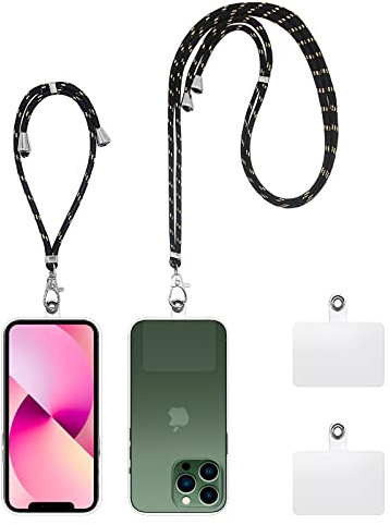 Olliwon Tour de Cou Téléphone Réglable, Cordon de Collier Universelle + Poignet Dragonne Portable avec 4 Patchs, Lanière Or Noir