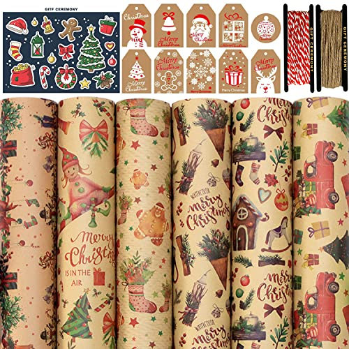 FullJoyHut Papel de Regalo Kraft Navidad con 6 Hojas Reciclable Papel de Regalo Navideño 70x50cm,10 Etiquetas Regalo,12 pegatinas,2 Rollo Hilo Yute Cuerda Algodon para Decoración Navideña