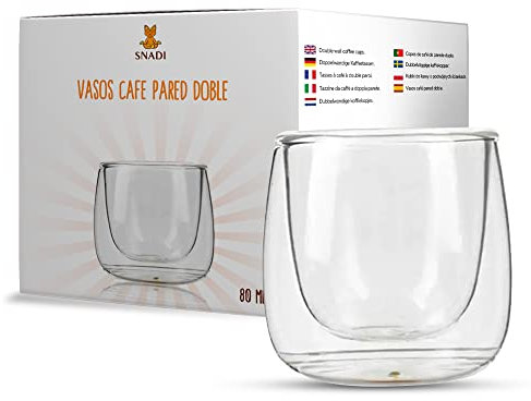 Snadi Pack de 4. Vasos de doble pared (80 ml), cristal de borosilicato transparente. Tazas de vidrio. Café Leche Té Latte Macchiato Chupitos. Lavavajillas OK
