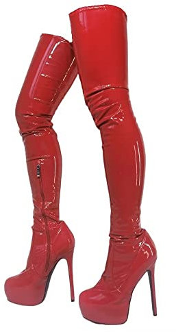 Frankie Hsu Punk Piattaforma Stiletto Stivali Sopra Il Ginocchio, Giallo Vernice Coscia Alta Stile, Grandi Dimensioni Moda Goth Moderno Tacco Lungo Alto Scarpe Per Le Donne Uomini, Rosso, 46 EU