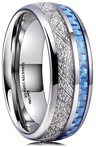 King Will METEOR 8mm Silver Meteorite Tungsten Carbide Wedding Ring for Men Domed blue Carbon Fiber Inlay Engagement Wedding Band Comfort Fit 12