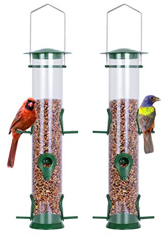 Urban Deco Hanging Plastic Tube Bird Seed Feeder With 6 Ports - Niger Seed and Fat Ball Feeder With Steel Hanger - Weatherproof for Small Birds (Green-2Pack)