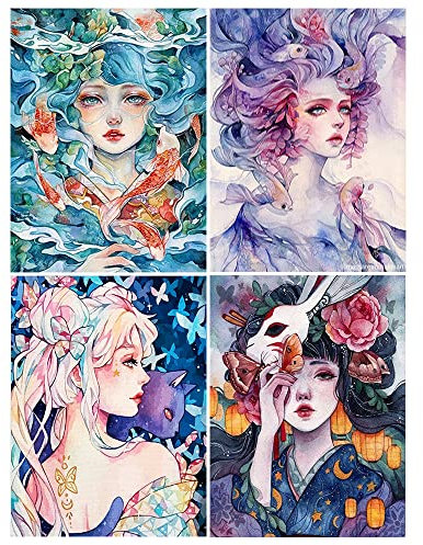 DCIDBEI 30 x 40CM 4er Set Diamond Painting Japanerin, Diamant-Malerei Manga Mädchen, Diamant Painting Frau Tiere Fisch für Kinder, Dekorieren Handwerk Haus Schlafzimmer Mode Erwachsene