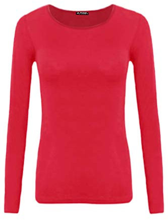 Fashion Star Womens T Shirt Plain Casual Long Sleeve Round Neck Tees Basic Top M/L (UK 12/14) Plain Red