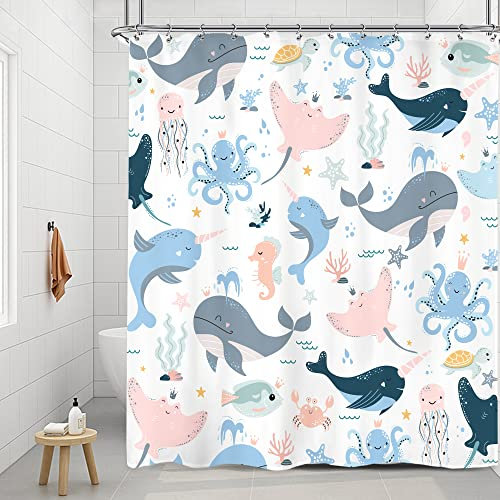 Riyidecor Kinder-Duschvorhang mit Cartoon-Tiermotiv, 152x183 cm, Unterwasserwelt, Wal, Oktopus, Quallen, Seestern, niedlich, rosa, blau, Meeresalgen, Schildkröte, wasserdicht, 12 Haken