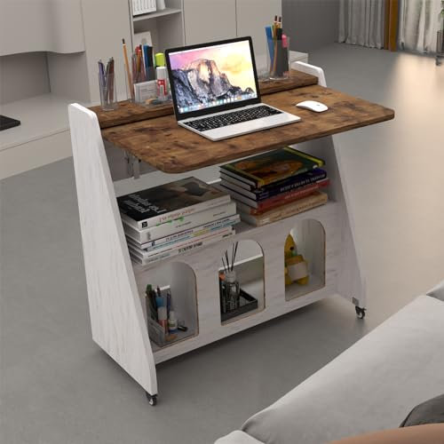 Pmnianhua Mobile Laptop Desk on Wheels,Portable Laptop Table,Rolling Writing Workstation with 4 Wheels and Storage for Home Office