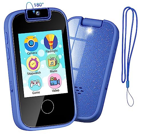 PTHTECHUS Kinderkamera Spielzeug Handy für Mädchen Jungen - Touchscreen MP3-Player mit Flip Kamera, Habit Tracker, Spiele, Alphabet, pädagogische Lernen Geburtstagsgeschenke für 3-12 (Blau)