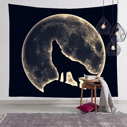 Wandteppich Der Wolf Ist Unter Dem Mond Wandtuch Aesthetic,Wanddeko Für Schlafzimmer Wohnzimmer Wohnheim,Polyesterfaser Dekorativer Großer Wandbehang,Mehrzweck - Wandtuch/Strandtuch Wanddeko(75X100)