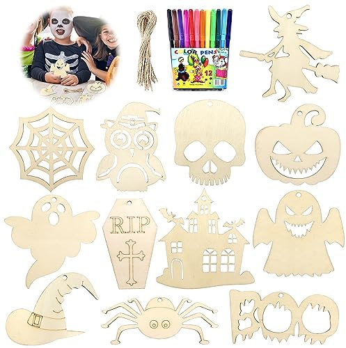 Seasboes 60 Stück Halloween Holz Bastelset, Halloween Basteln Kinder, Herbstdeko, Herbstzeit Dekorationen, Unbehandelt Holzanhänger mit 12 Aquarellstift und Hanfseil für Halloween DIY Handwerk Party
