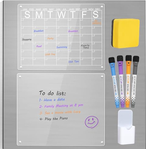 Magnetische Abwischbare Kalender 40x30cm 2 Stück Magnetische Acrylic Transparent Kühlschrank Kalender Monatsplaner und Wochenplaner mit 4x Kreidemarker 1x Magnettafel 1x Magnetstifthalter