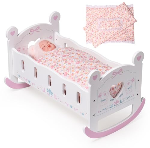 ROBOTIME Wooden Baby Doll Crib, Doll Cradle Bed for 18-24 Inch Dolls, Baby Doll Crib Set with Blanket and Pillow, Toy Doll Bed for Girls Ages 3+