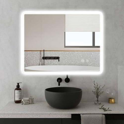 Sanitemodar LED Badspiegel 70x90cm, Badezimmerspiegel mit Gleichbreiten Beleuchtungsstreifen, Wandspiegel mit Dreifarbigen Lichtern, Beschlagfrei, Touch-Schalter