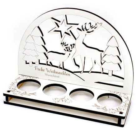 Schwibbogen Weihnachten mit Motiv Hirsche, Tannen und Stern - personalisiert mit Wunschtext/Name - für 4 Teelichter