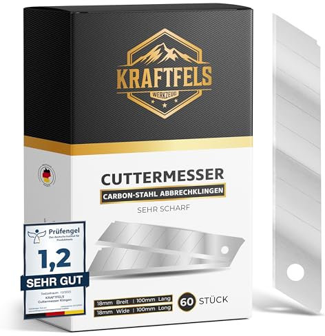 KRAFTFELS 60x Profi Cuttermesser Klingen 18mm - Ersatzklingen Cuttermesser aus hochwertigem Carbonstahl - Klingen Cuttermesser - Ultra scharf & stabil - Abbrechklingen für Cutter Messer – Silber…