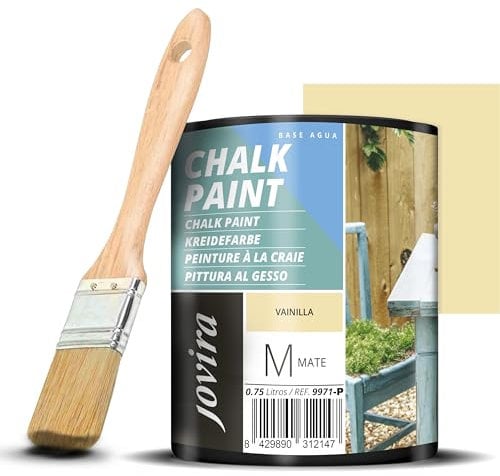 JOVIRA PINTURAS Pintura Tiza - Chalk Paint al Agua Mate + Pincel especial para madera. Renueva tus muebles con creatividad. (750 Mililitros, Vainilla + Pincel)