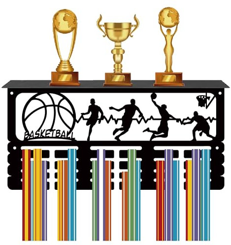 CREATCABIN Basketball-Medaillenhalter,Trophäenregal,Medaillenaufhänger Mit Regalständer,Sport,4 Reihe,Wandhalterung,Für Männer,Gymnastik,Fußball,Laufen,Schwimmen,Auszeichnungenständer,40x20x10cm