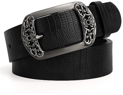 SUOSDEY Damen Ledergürtel Klassisch Schwarz Floral Pin Buckle Gürtel für Jeans Kleid Mode Gürtel