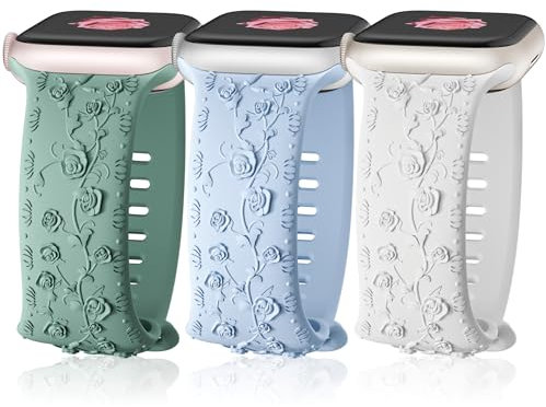 3 Piezas Correas Floral Grabado para Apple Watch 44mm 42mm 45mm 49mm Mujeres,Soft silicona elegante rosa patrón reemplazo pulsera para iWatch Se Ultra 2/Ultra serie 9 8 7 6 5 4 3 2 1
